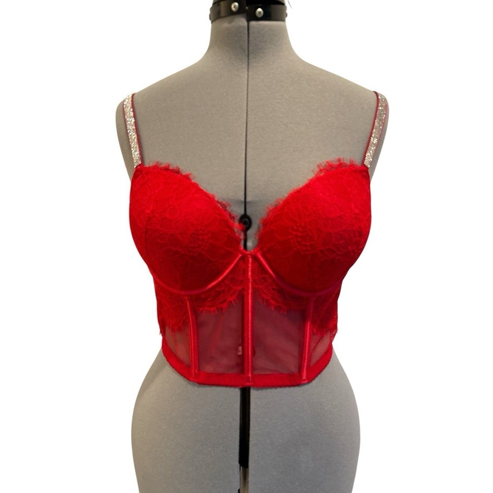 Victoria's Secret VERY SEXY Rhine Shine Strap Push-Up Corset Top Red ‎ Size 34D